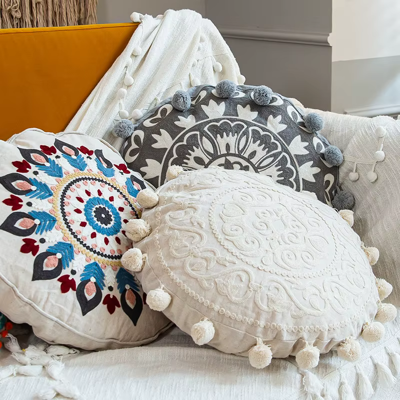 Marocain ethnique rond housse de coussin Mandala broderie florale décor à la maison salon coton canapé jeter taie d'oreiller boule indien décoratif