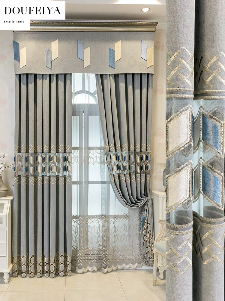 Rideaux de luxe en Chenille brodés creux gris européen