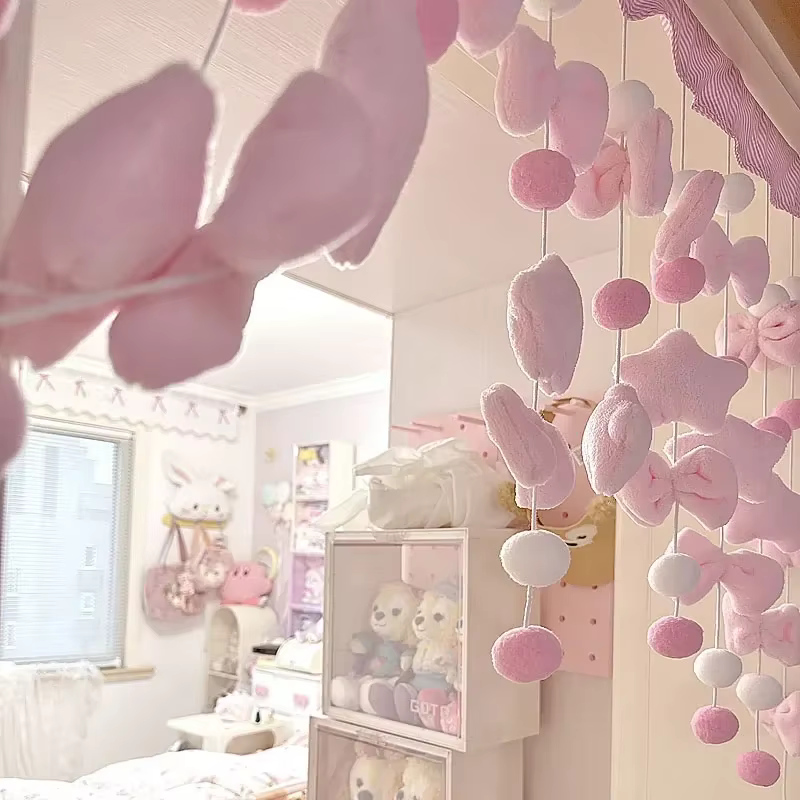 Rideau court rose mignon avec nœud