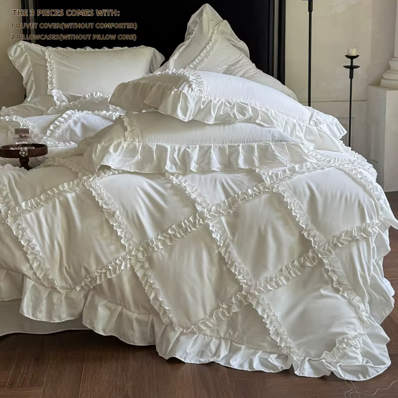 Ensemble de housse de couette à volants blancs et roses 3 pièces (1*Housse