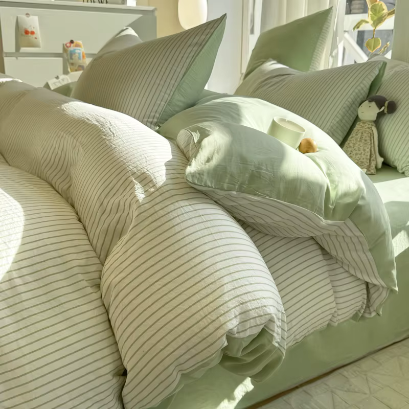 Parure de lit en coton lavé 100% à rayures avec taie d'oreiller