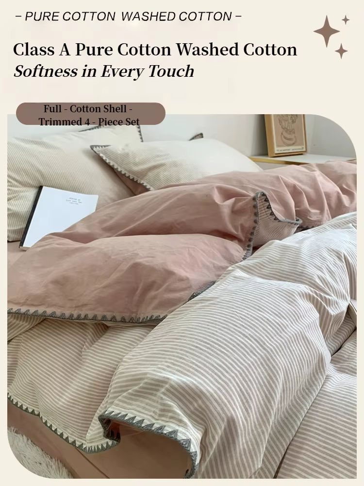 Housse de couette 100 % coton de classe A – Parure de lit douce et respirante délavée avec bord coque