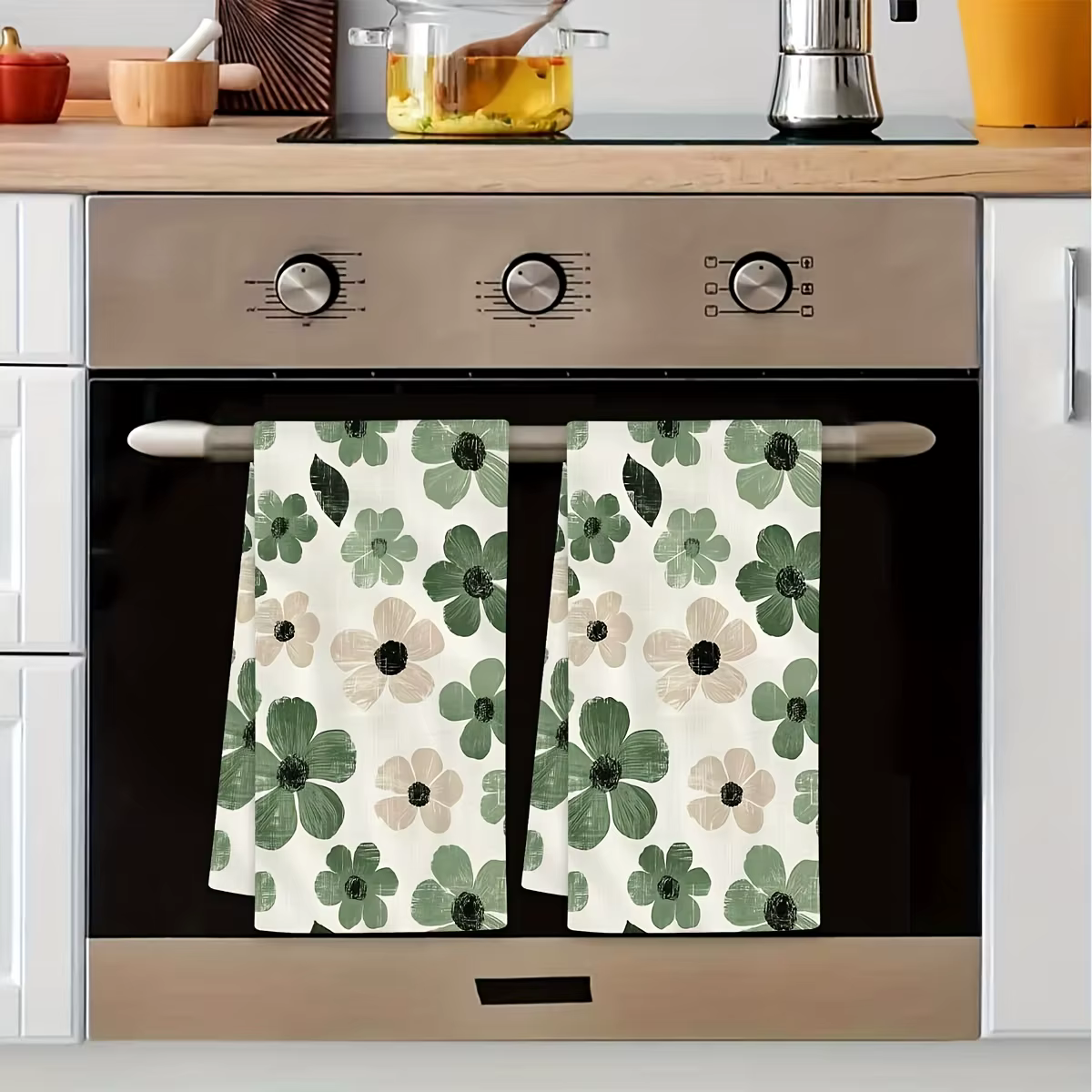 Lot de 2 torchons de cuisine à motifs floraux vert sauge