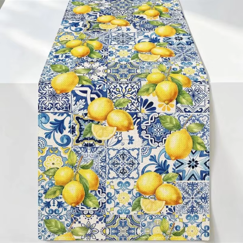 Chemin de table en lin motif citron