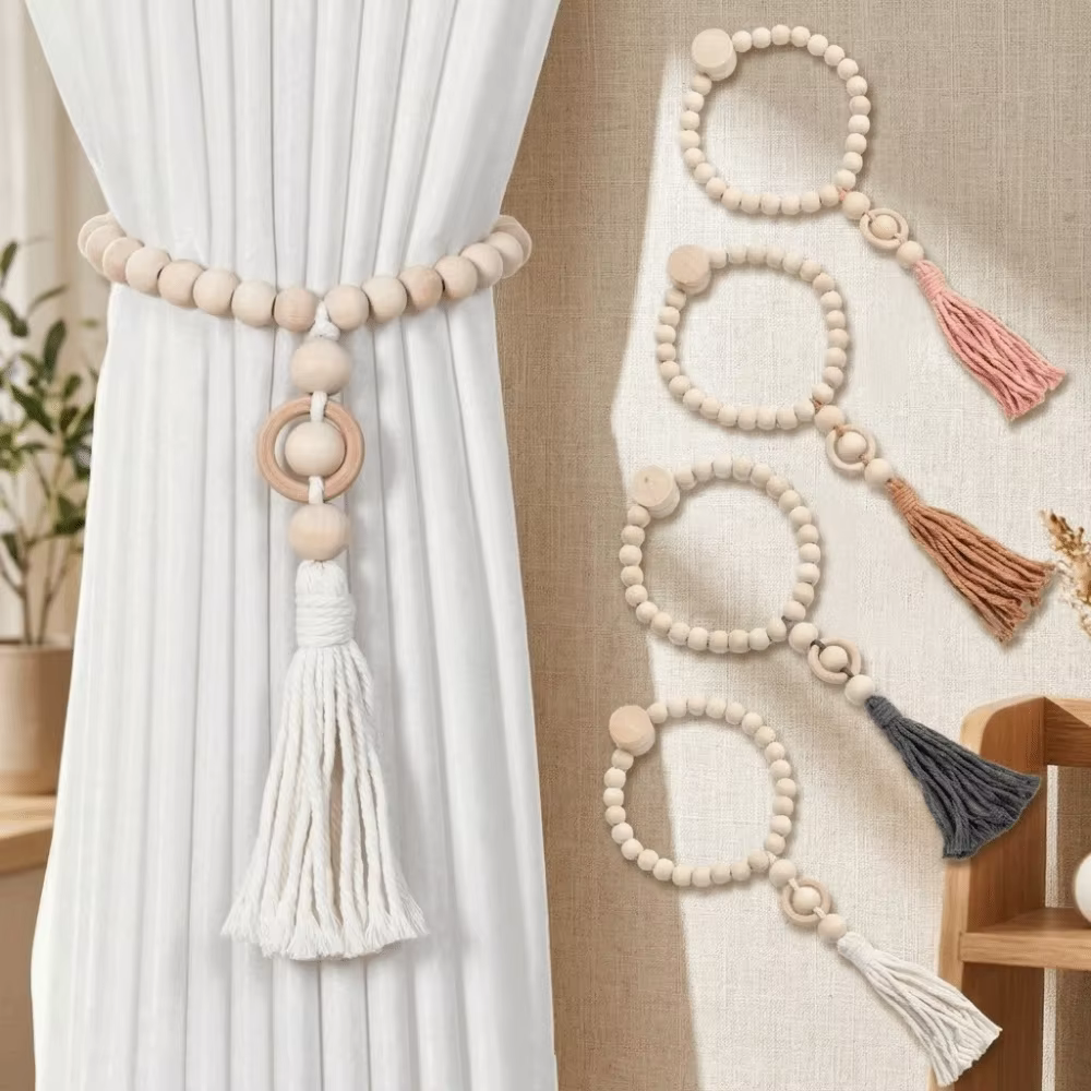 Attaches de rideaux créatives en perles de bois rustiques avec pompons