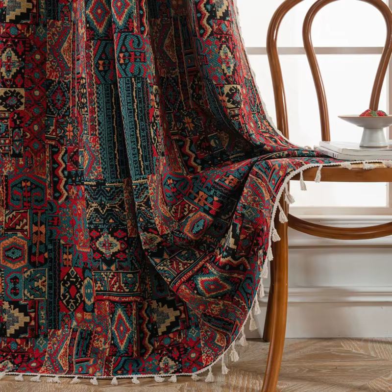 Rideaux jacquard à pompon géométrique de style bohème