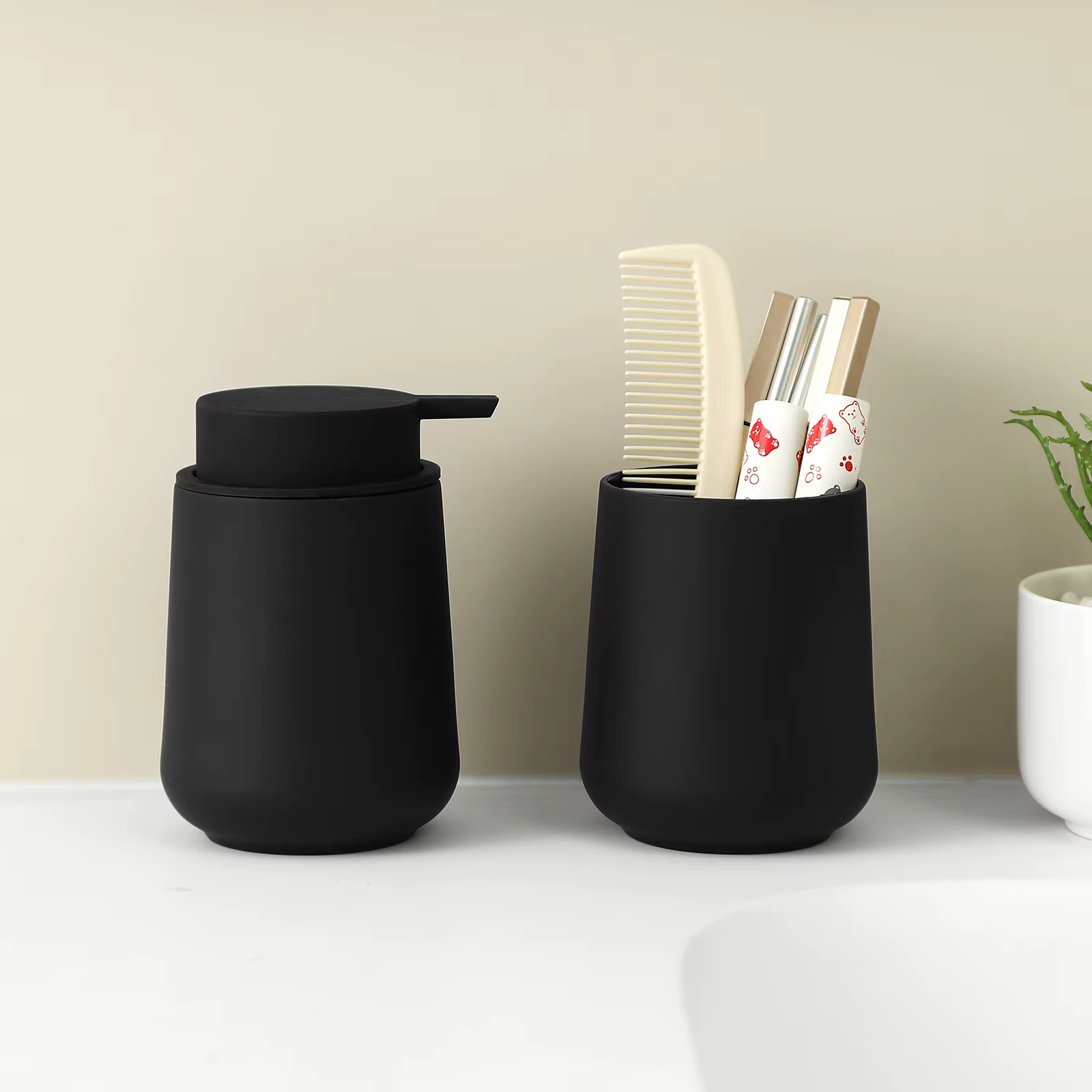 Ensemble d'accessoires de salle de bain – Distributeur de savon et tasse 2 pièces pour décoration de vanité
