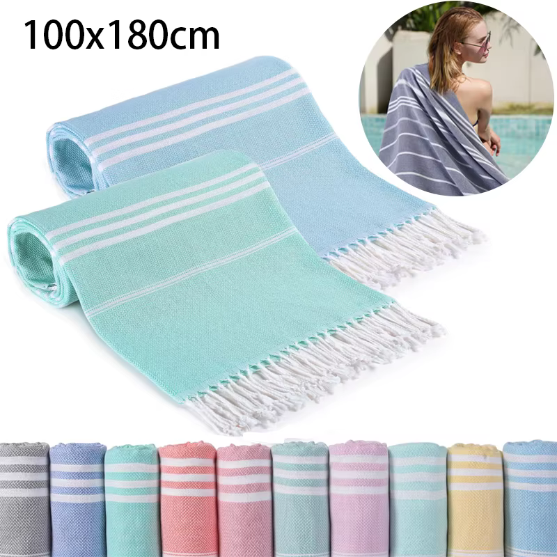 Serviette de Bain Turque Rayée à Pompons 100% Coton Grande Taille pour Voyage et Plage Super Absorbante