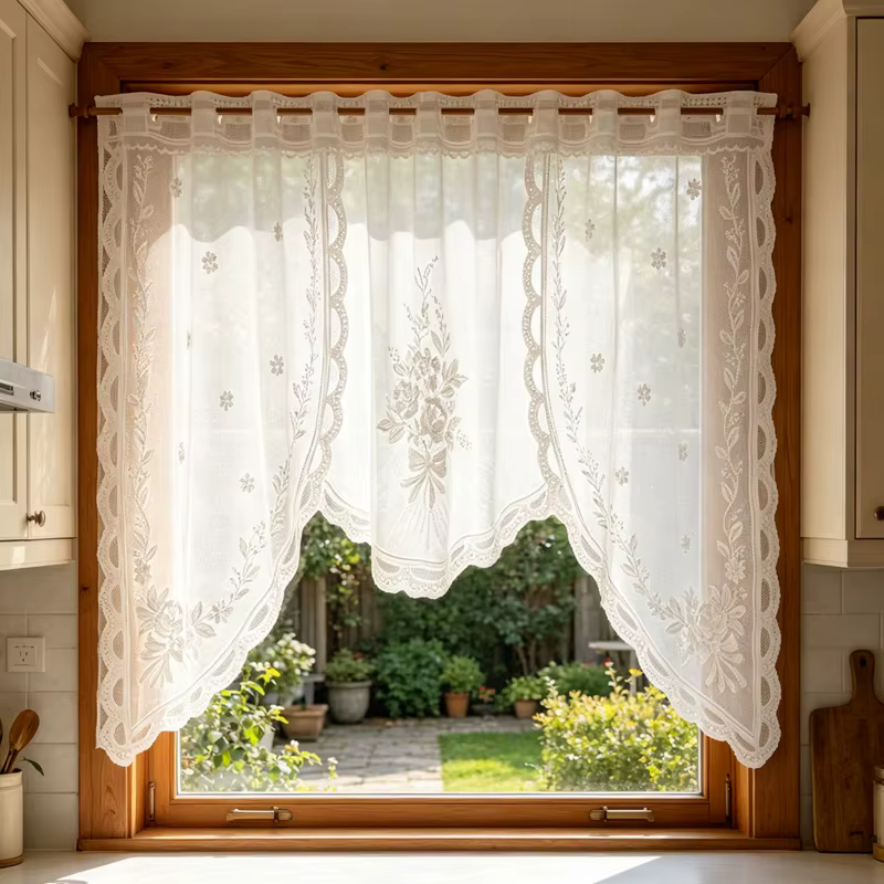 Rideau floral vintage français avec détails en dentelle ondulée pour la décoration de fenêtre de cuisine de style campagnard américain