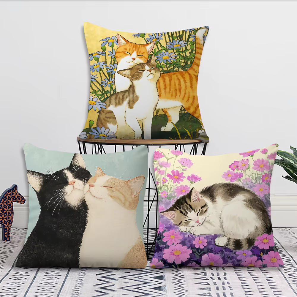 Housse de coussin motif chaton mignon et fleur