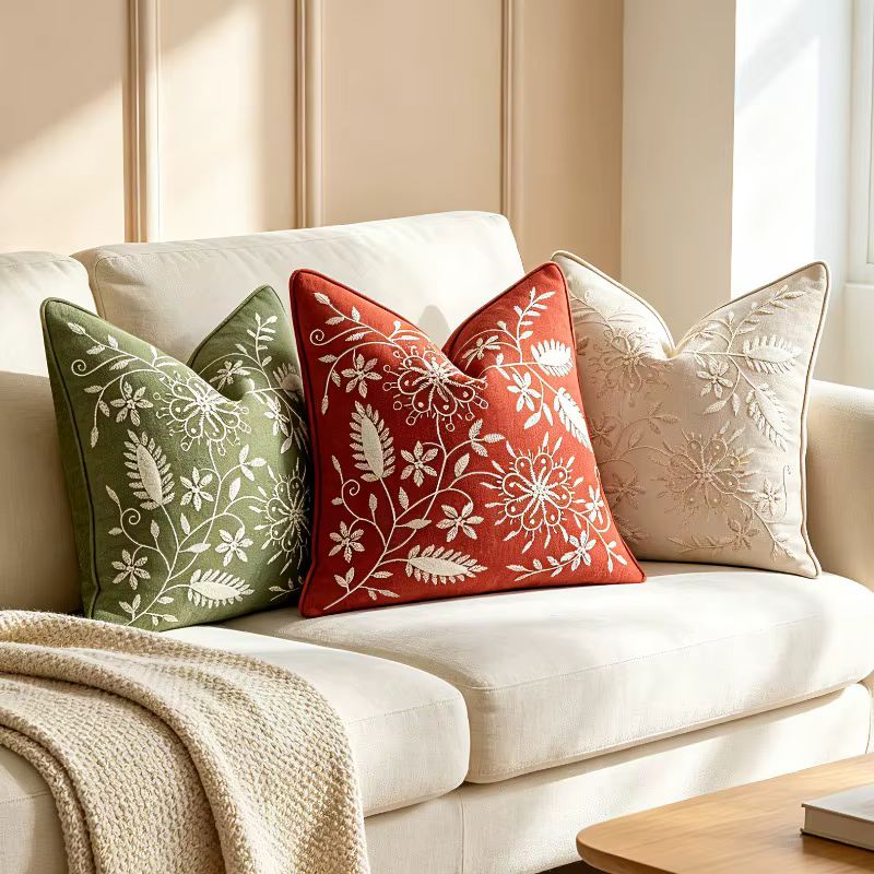 Housse de coussin Cottagecore rustique faite à la main avec broderie florale