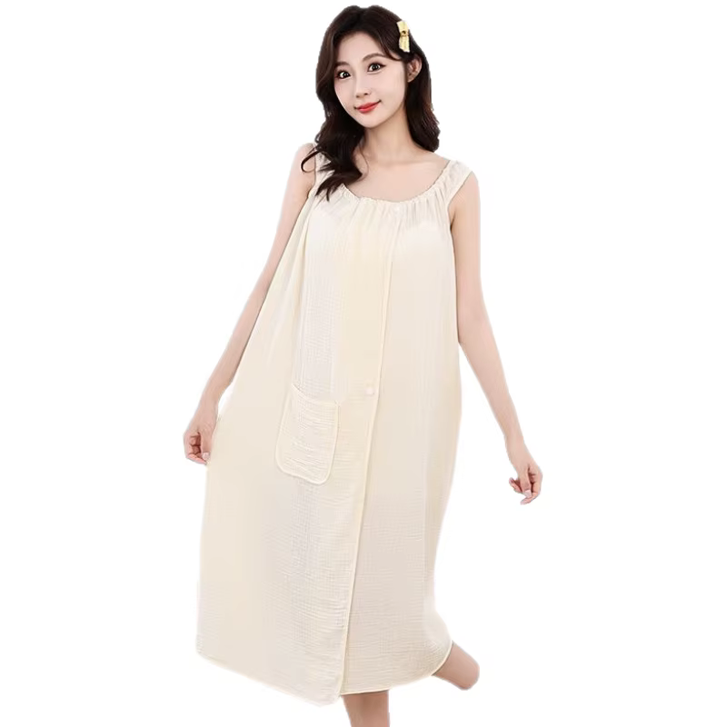 Robe de bain en gaze de coton pour femme avec boutons et poche