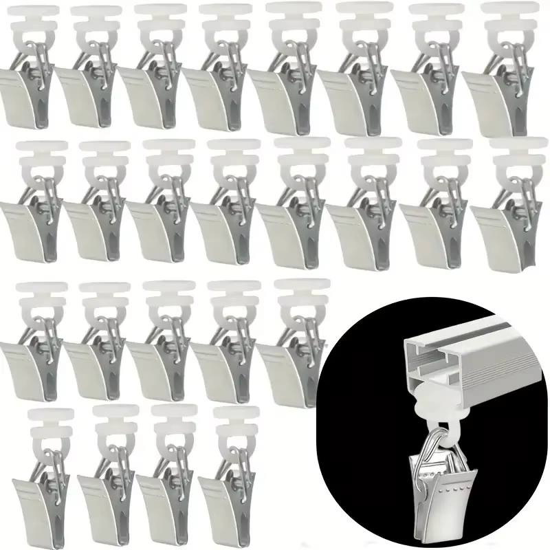 30 pièces Clips de rideau en métal avec rouleaux en Nylon pour rails de rideaux