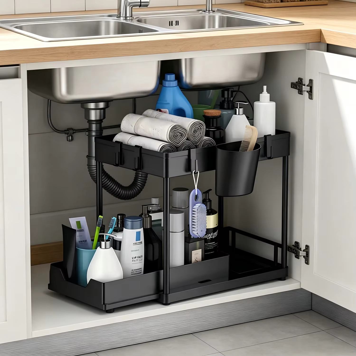 Étagère de rangement multifonctionnelle à 2 niveaux pour sous-évier
