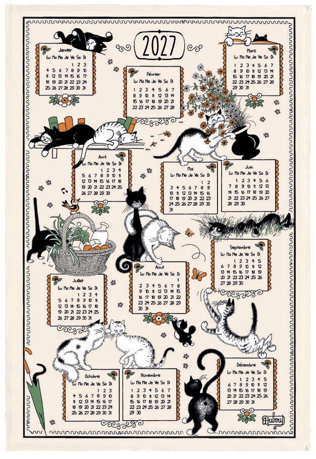 Torchon Dubout Ribambelle chats calendrier 2027 Ecru 48 x 72
