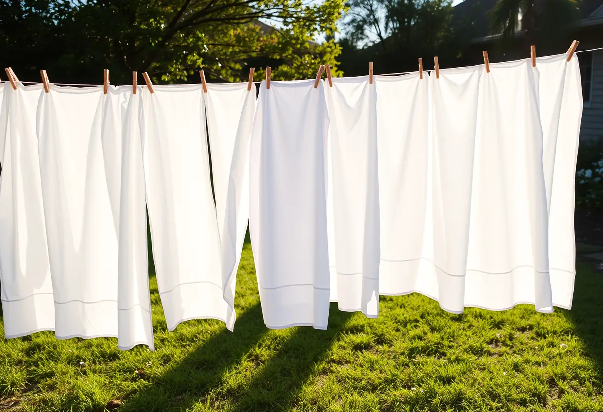 Des linges blancs fraîchement lavés suspendus sur une corde à linge