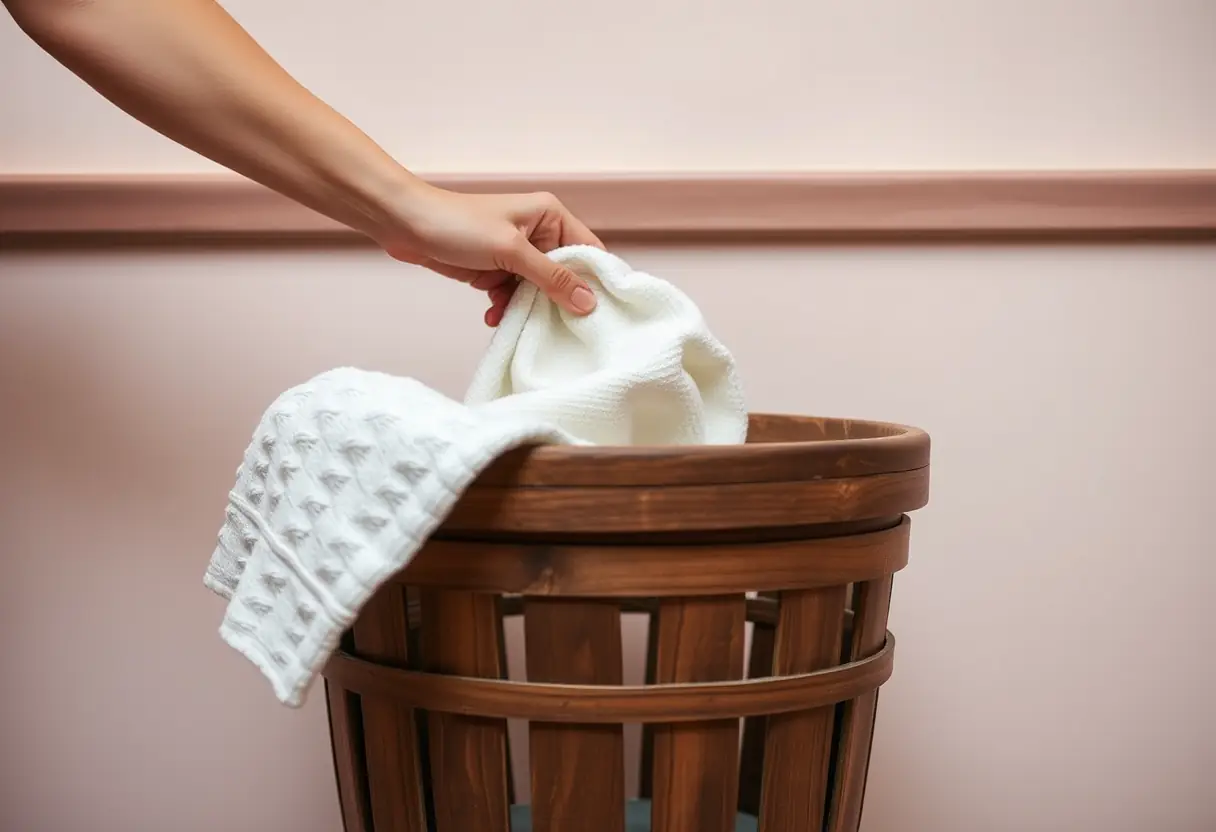 Main tirant une serviette fraîchement lavée d'un panier en bois ancien