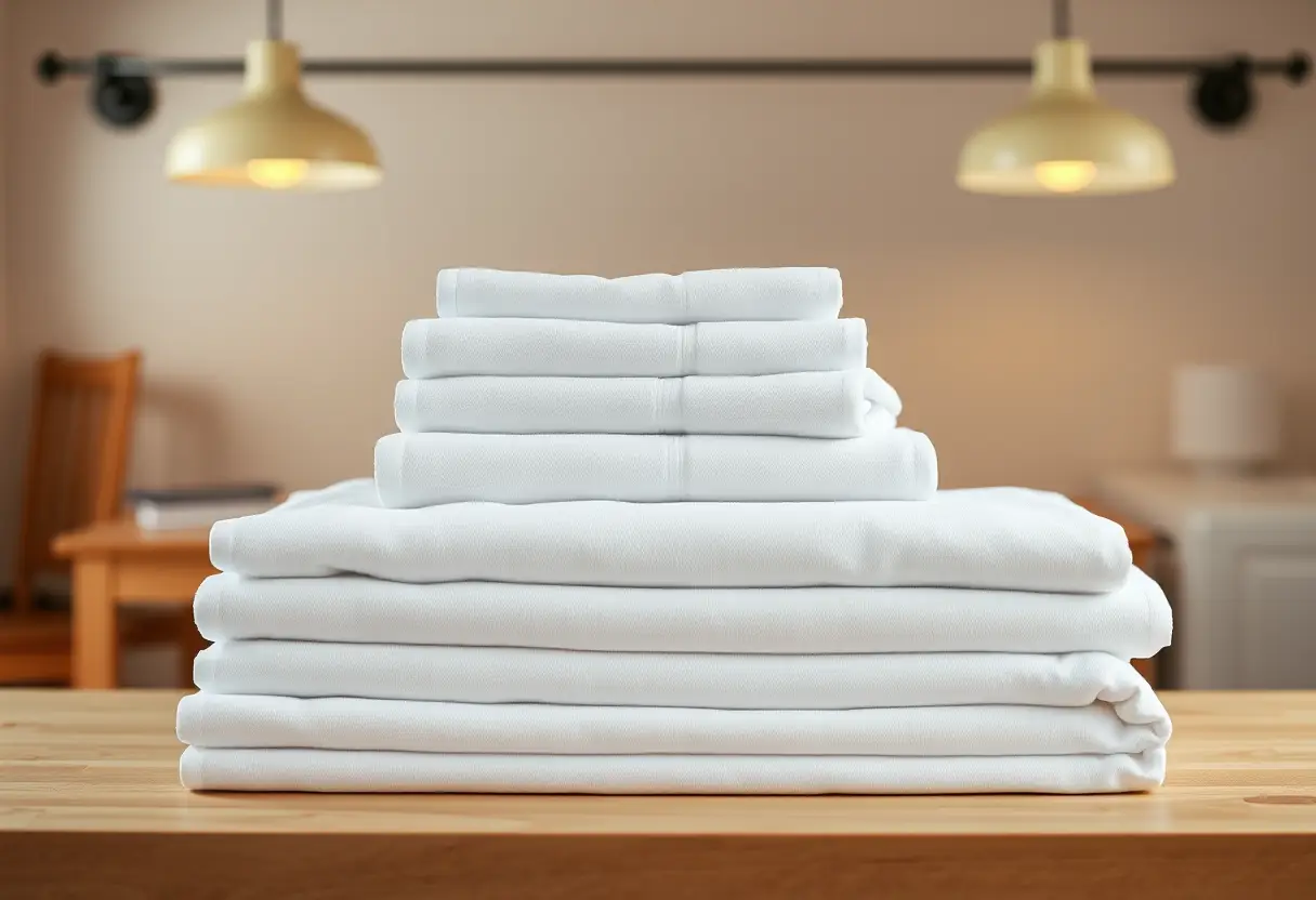 Des serviettes et draps blancs bien pliés sur une table de repassage