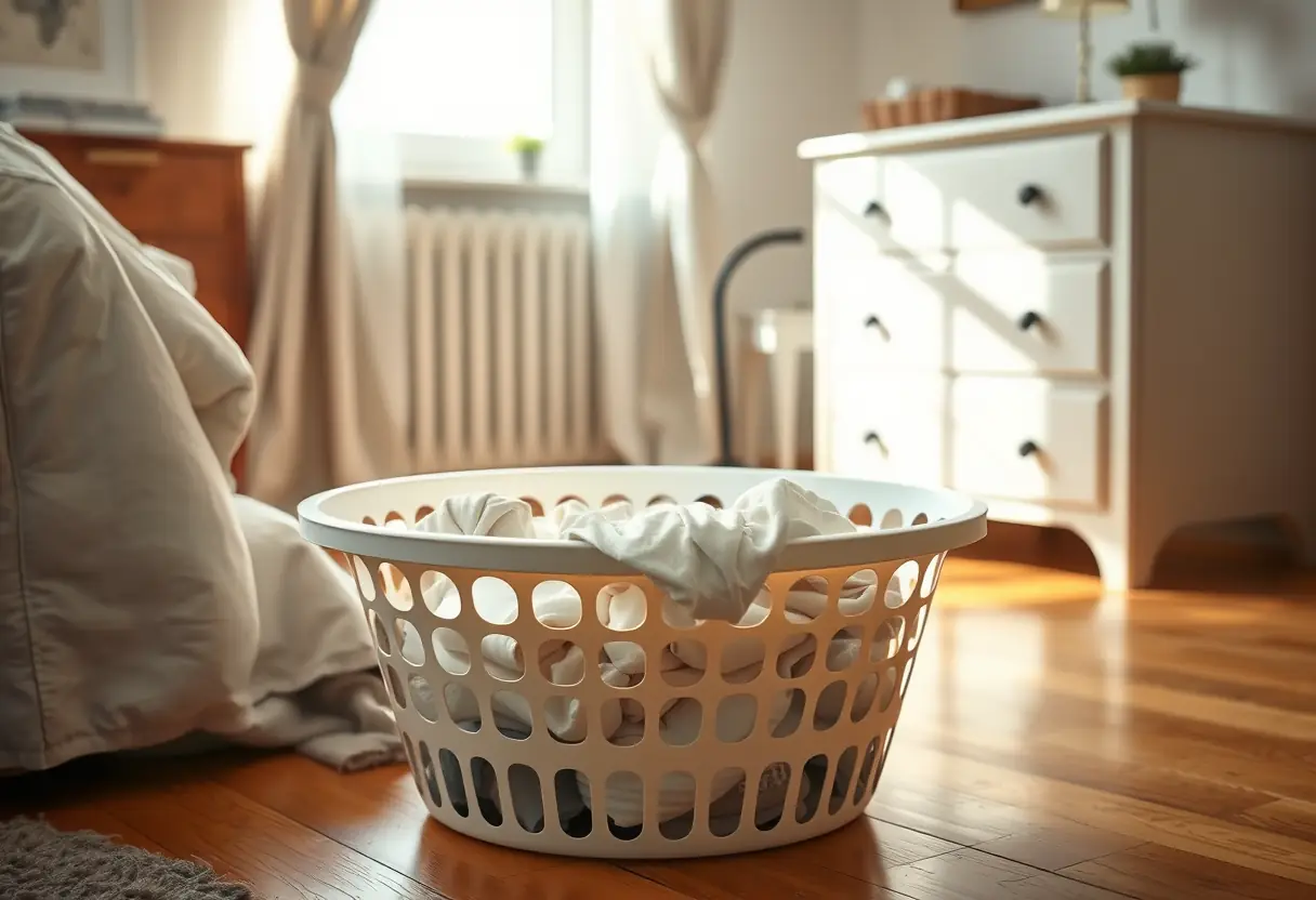 Panier à linge dans une chambre avec la lumière du matin qui entre par les rideaux